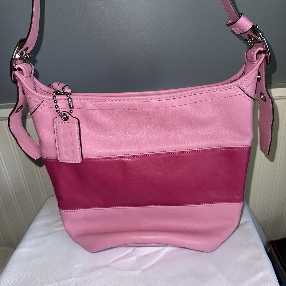 COACH Rugby Stripe Pink Leather Bleeker Duffle Crossbody Shoulder Bag F13357 EUC